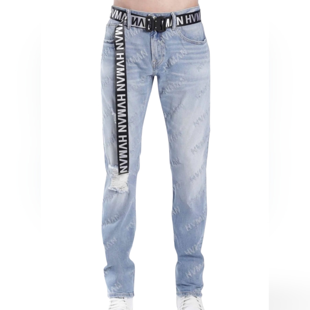 NWT HVMAN Strat Belted Super Skinny Jeans in Acid Repeat sz 33